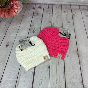 NWT Boutique C.C. crochet messy bun beanie tail kids ivory and new CD pink